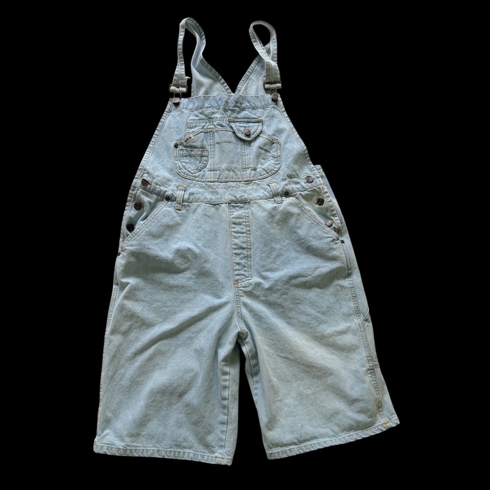 90's Appeal Womens Light Wash Denim Shortalls Overalls Light Blue Cotton Size L